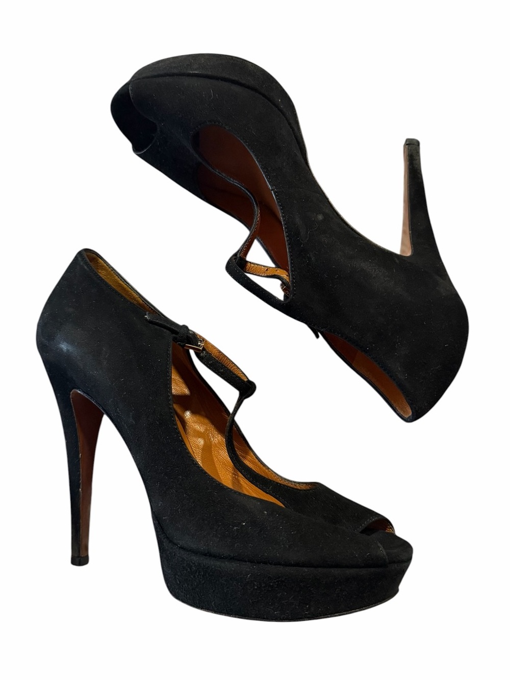 Gucci Black Suede T-Strap Platform Heels Size 35 Peep Toe Stiletto Pumps - Picture 2 of 8